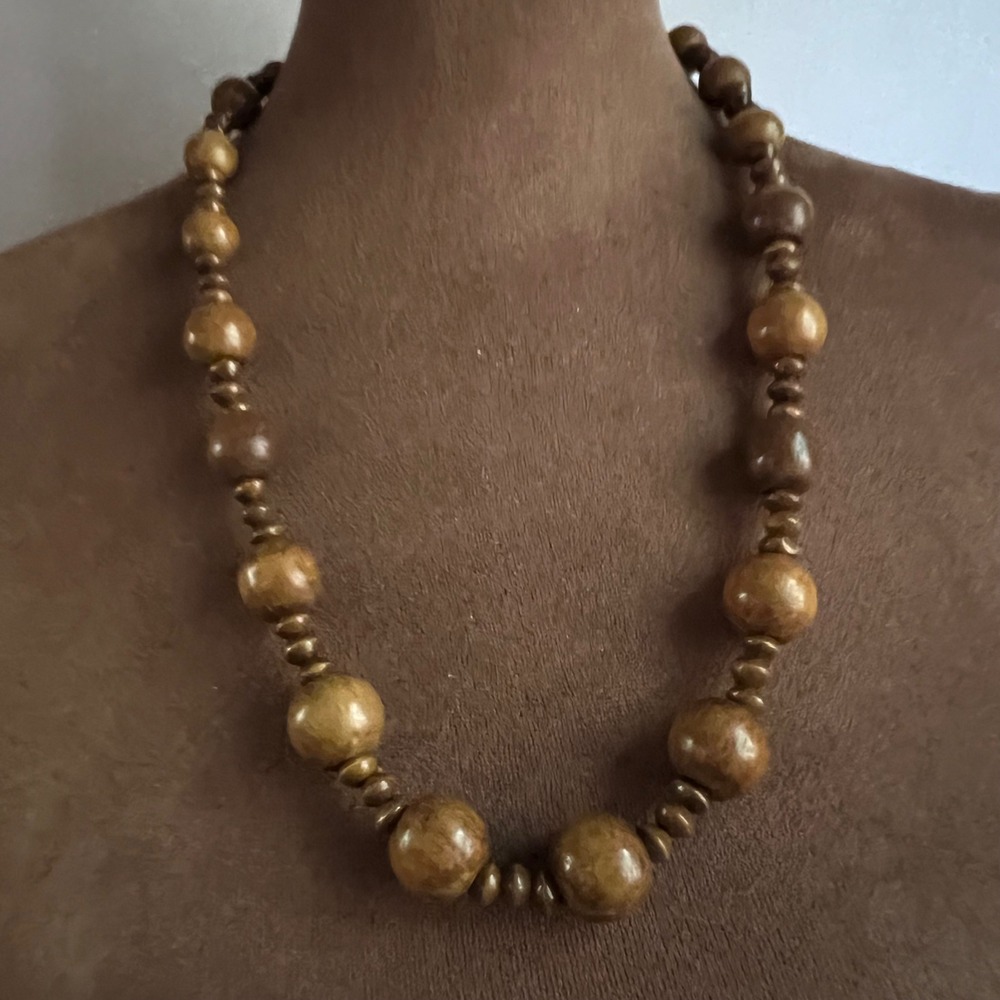 Vintage Brown Chunky Wood Bead Strand Necklace 25 Inch Cottagecore